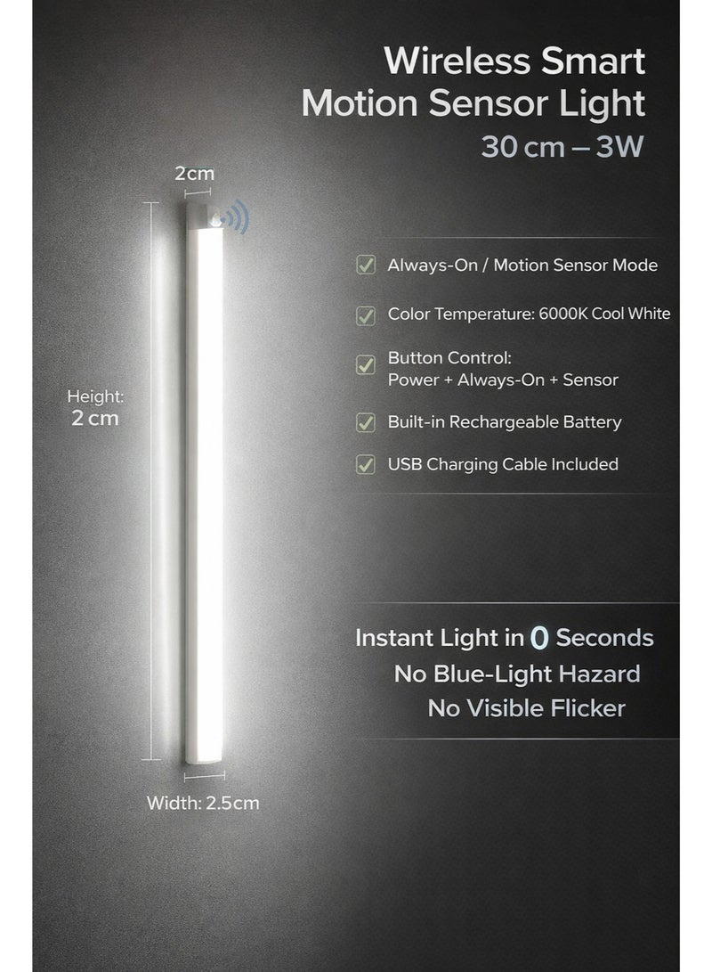 slendorlife Wireless Smart Motion Sensor Light 30cm 3W | Rechargeable LED Wall Light with USB Charging | Always-On & Auto Sensor Mode | Cool White 6000K for Bedroom, Closet, Corridor & Cabinet - Image 1